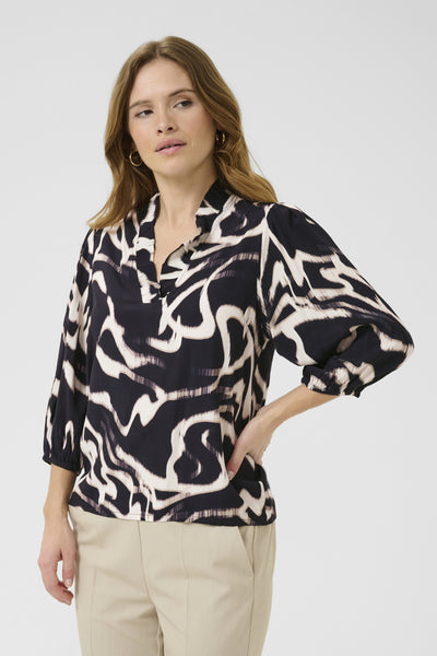KAmartha Frill Blouse Black/Nature Organic Lines - 10510322 Thumbnail