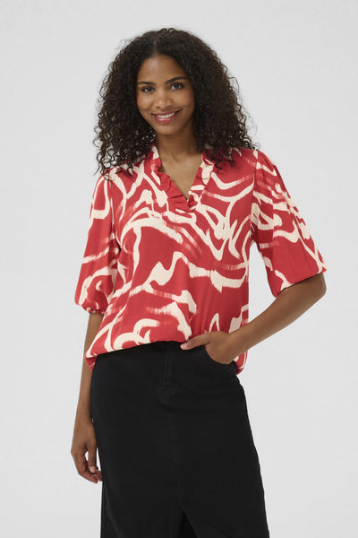KAmartha Frill Blouse True Red/Nature Graphic - 10510322 Thumbnail