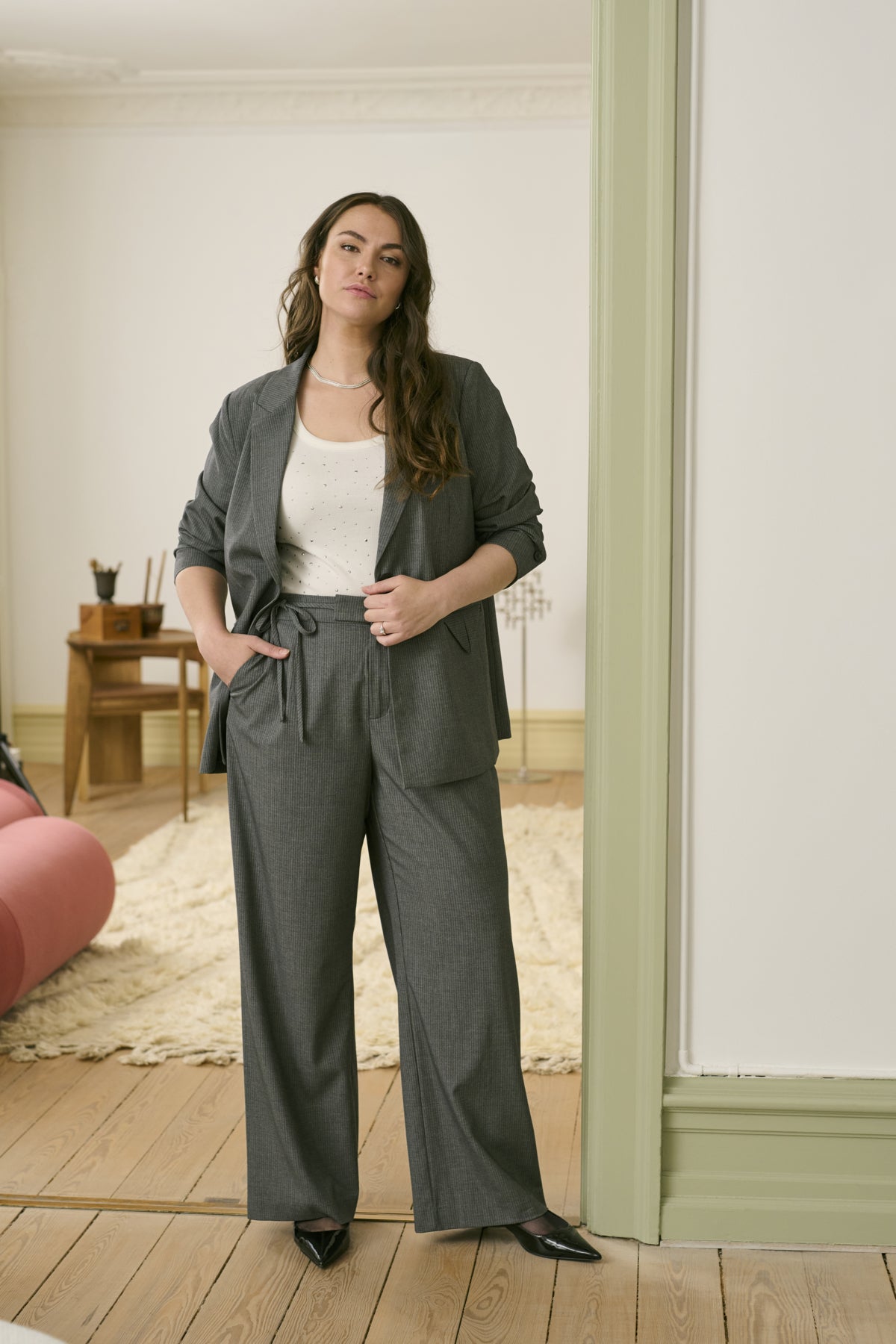 KCeliana Wide Pants Grey Melange / Chalk Stripe - 10583627