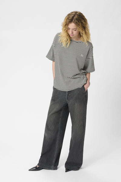 DanaMW Emb. Tee Black W. Off White Stripe - 10705101 Thumbnail