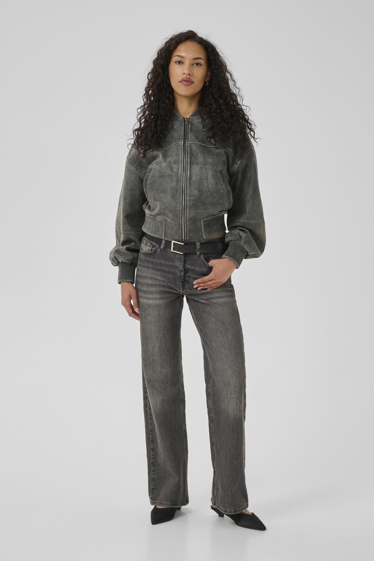MattyMW Leather BomberJacket Medium Grey Retro Wash - 10705252