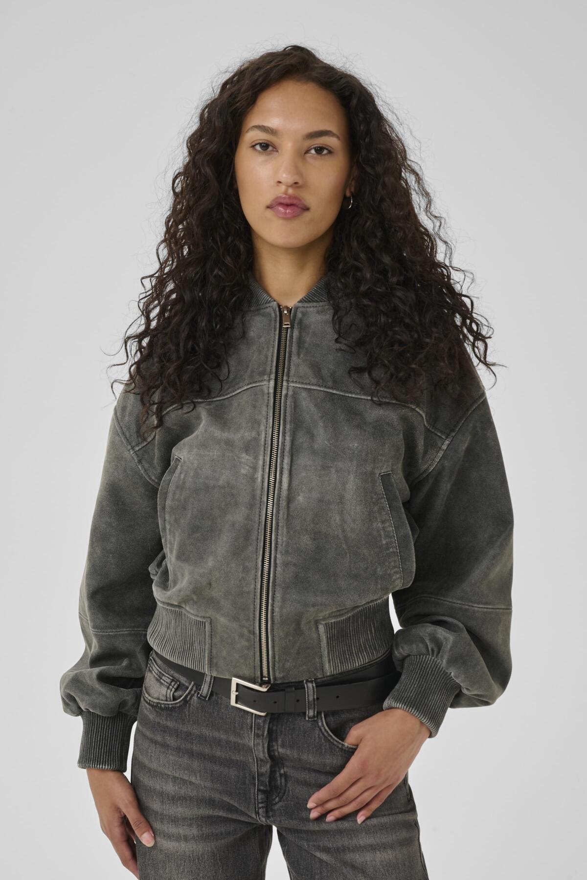 MattyMW Leather BomberJacket Medium Grey Retro Wash - 10705252