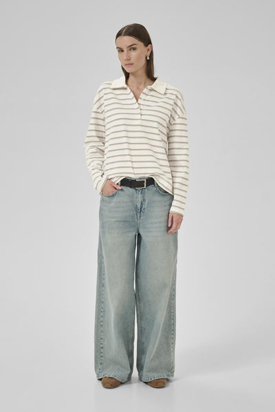 AnnaMW LS Polo Blouse Snow White Striped - 10705296 Thumbnail