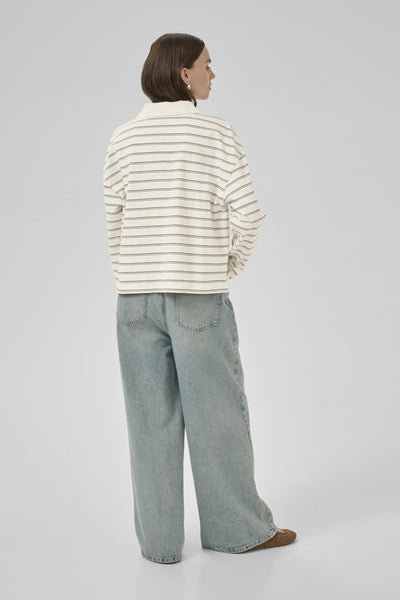 AnnaMW LS Polo Blouse Snow White Striped - 10705296 Thumbnail