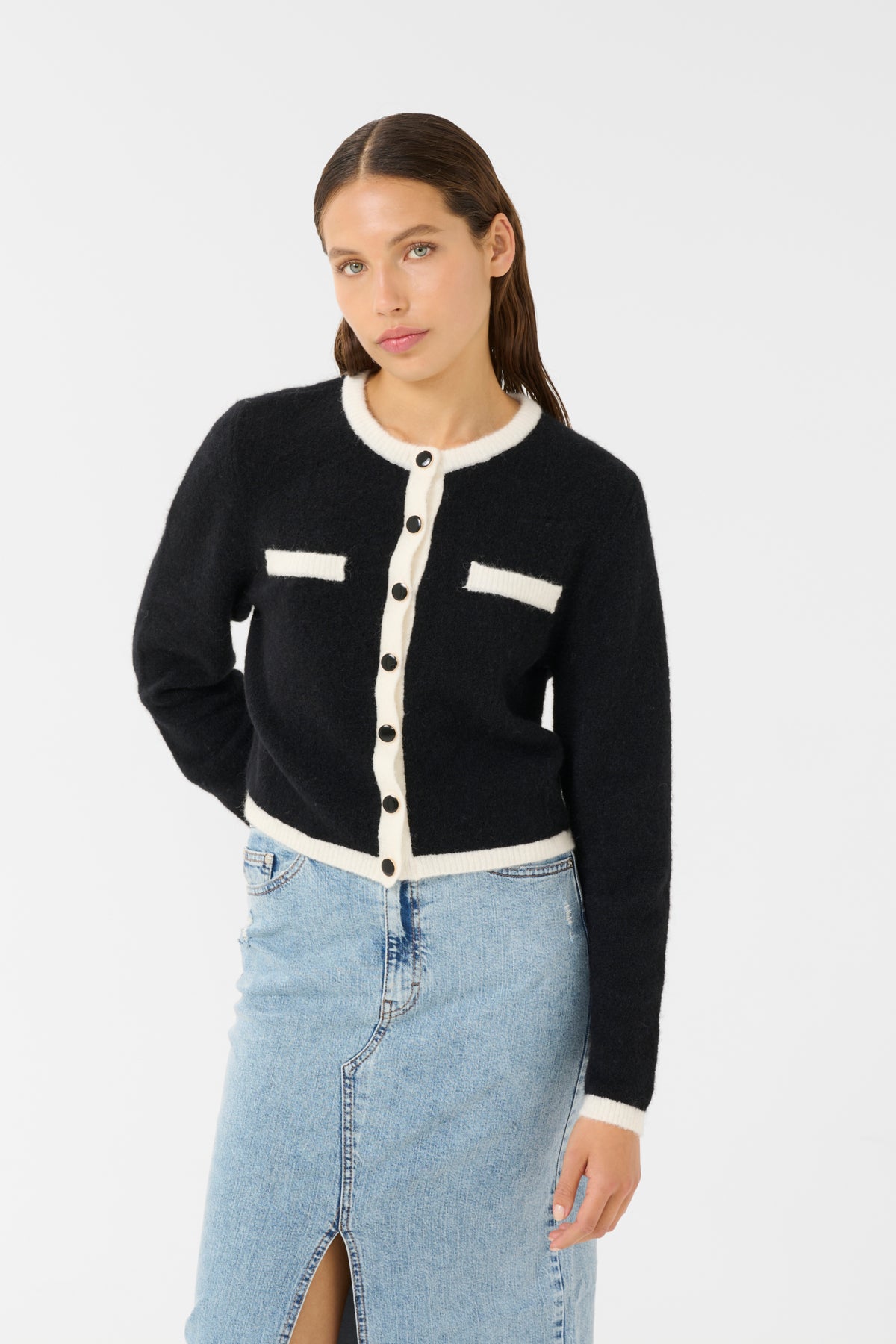 GZalpha ls contrast cardigan Black/Ivory comb - 10910459