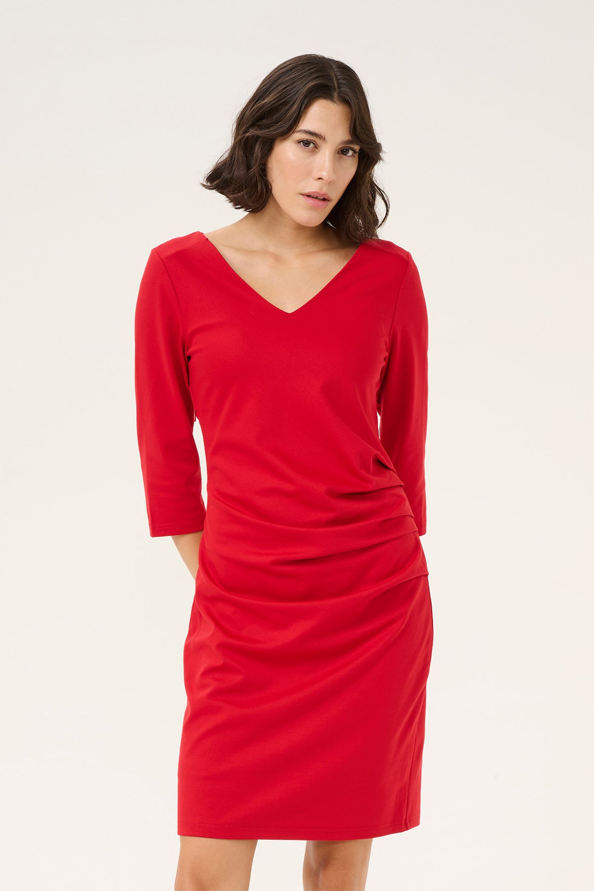 KAindia V-neck 3/4 SL Dress Haute Red - 10509356