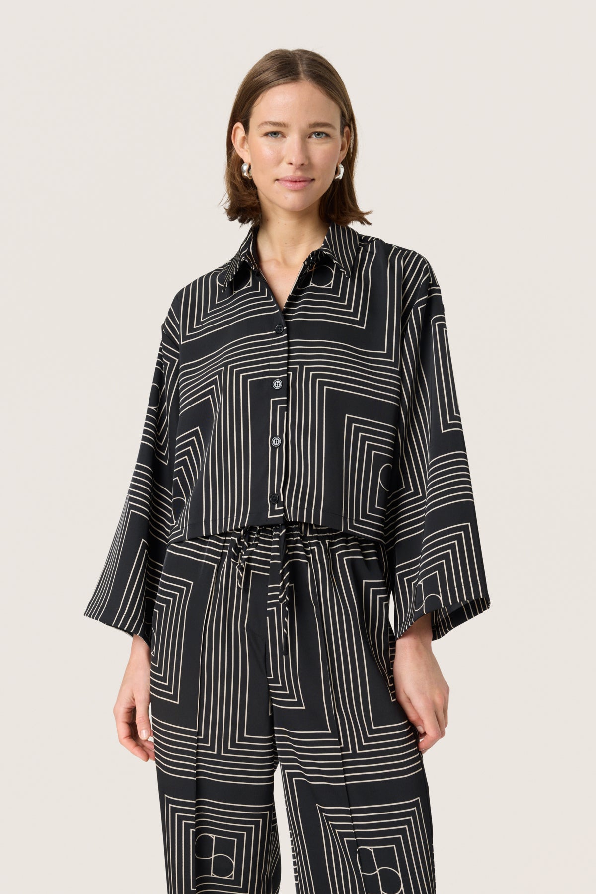SLTopaz Shirt LS Black w Oatmeal Monogram - 30408446