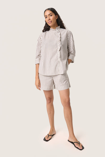 SLMunevo Frill Shirt SS Brown and White Stripe - 30408676 Thumbnail