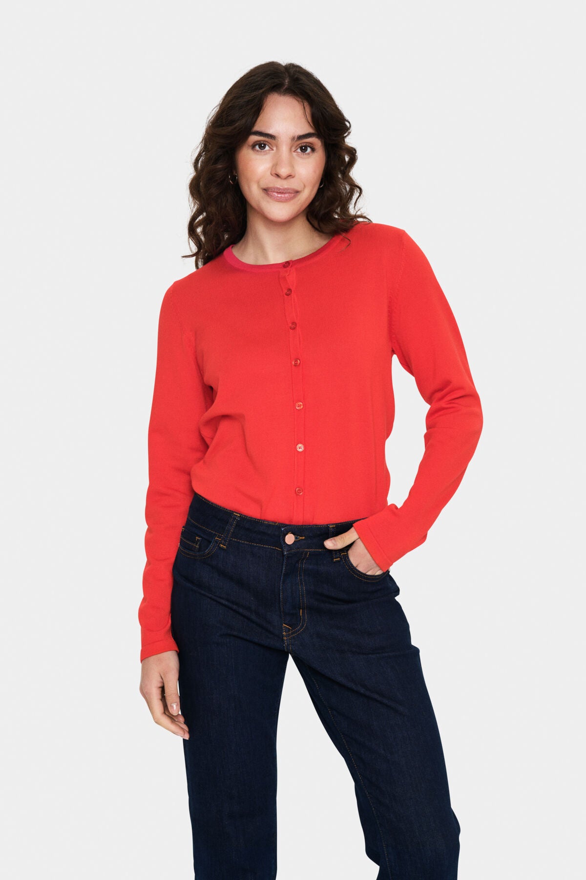 A8661, MilaSZ R-Neck Cardigan Flame Scarlet