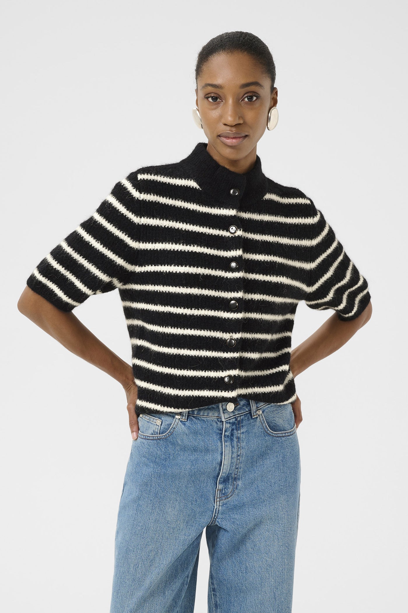 GZalpha SS short cardigan stri Black Ivory Striped - 10910473
