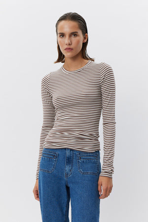PETRICIASW STRIPE T-SHIRT LONG 7113 Brown Striped - SNOS433