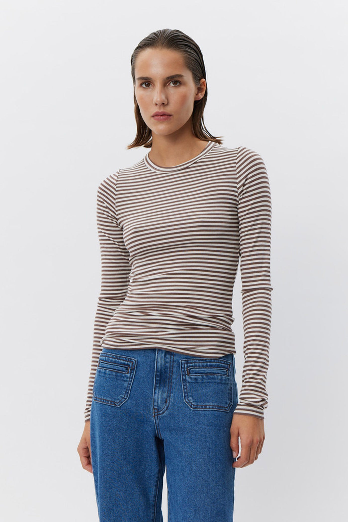 PETRICIASW STRIPE T-SHIRT LONG 7113 Brown Striped - SNOS433